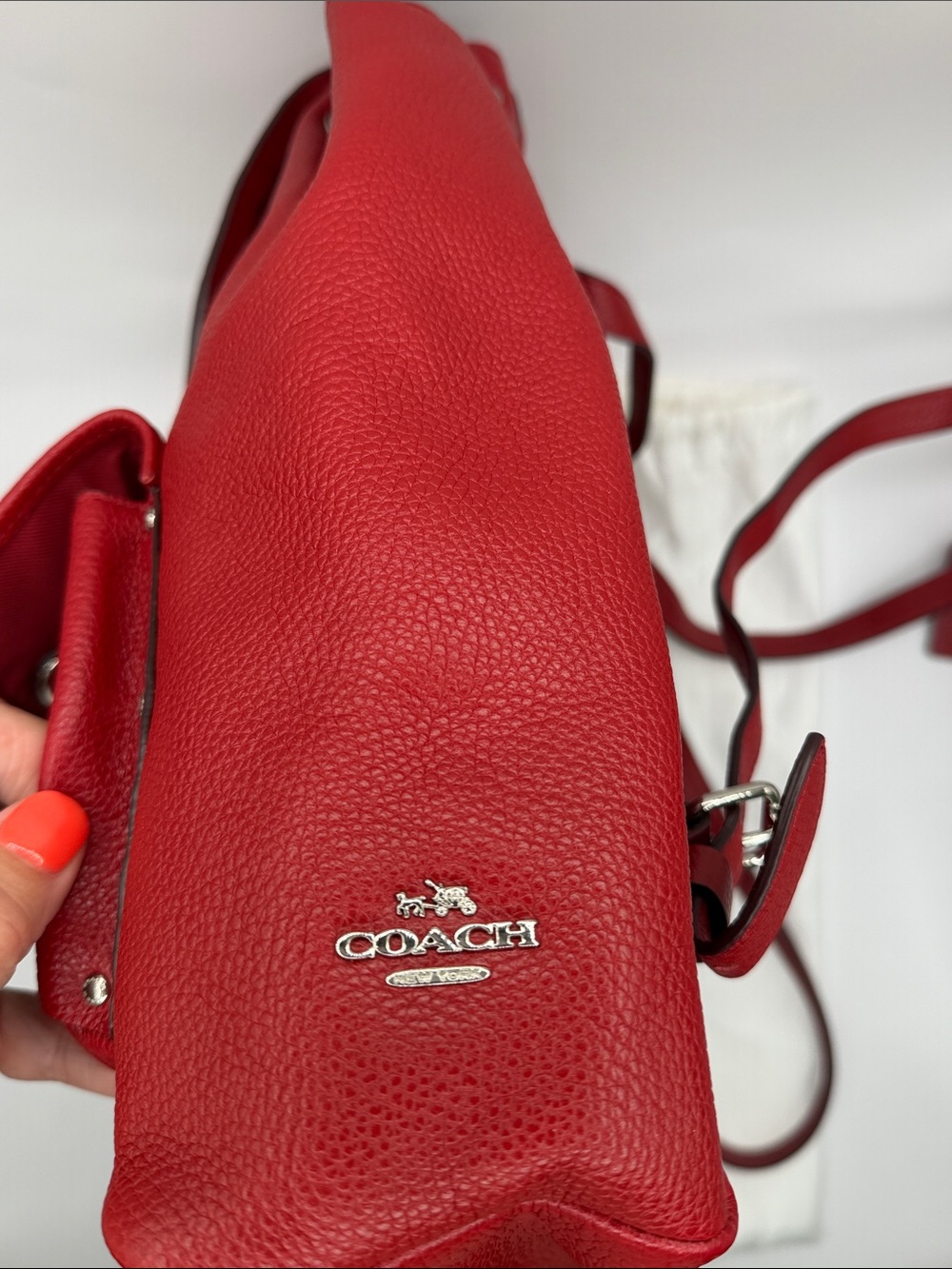 Coach Red Pebbled Leather Drawstring Backpack with Front Pockets - Picture 3 of 16